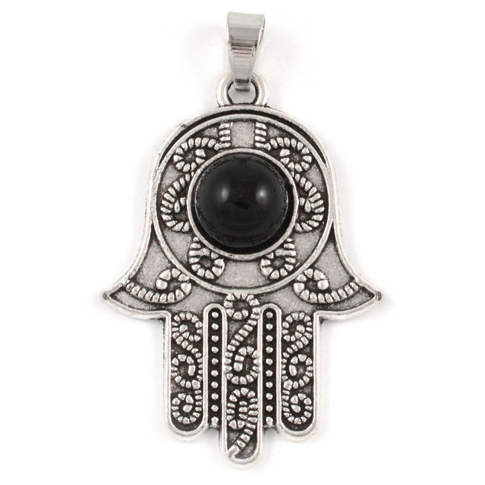 Berlock, Hamsas hand med svart pärla, antiksilver, 29x37mm, 1st