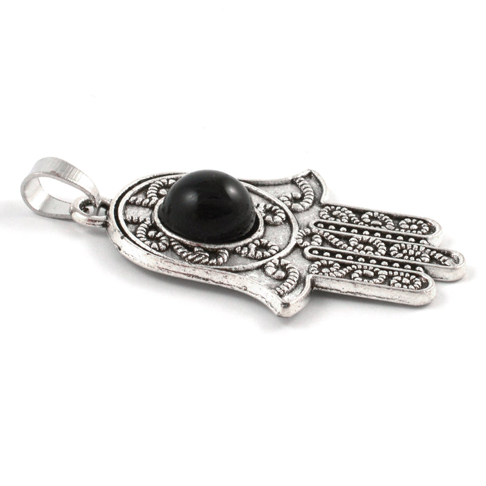 Berlock, Hamsas hand med svart pärla, antiksilver, 29x37mm, 1st