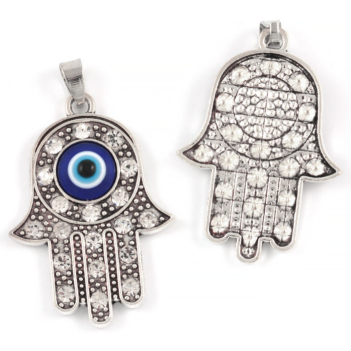 Berlock, Hamsas hand med strass och evil eye, antiksilver, 29x37mm, 1st
