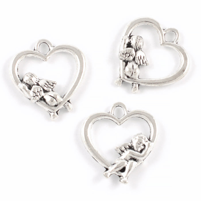 Berlock, ängel i hjärta, antiksilver, 18x17mm, 5st