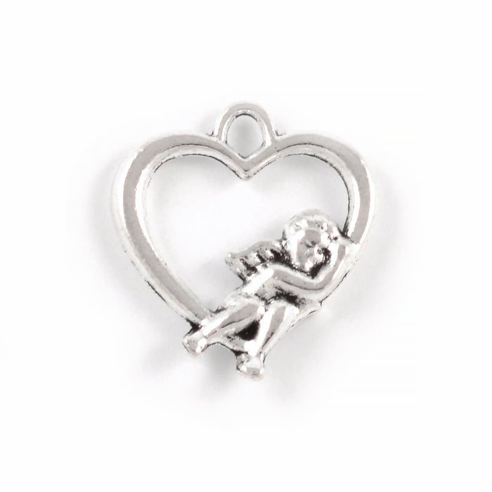 Berlock, ängel i hjärta, antiksilver, 18x17mm, 5st