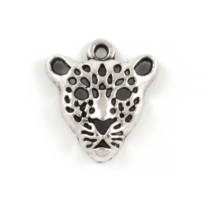 Berlock, leopardhuvud, antiksilver, 18mm, 3st