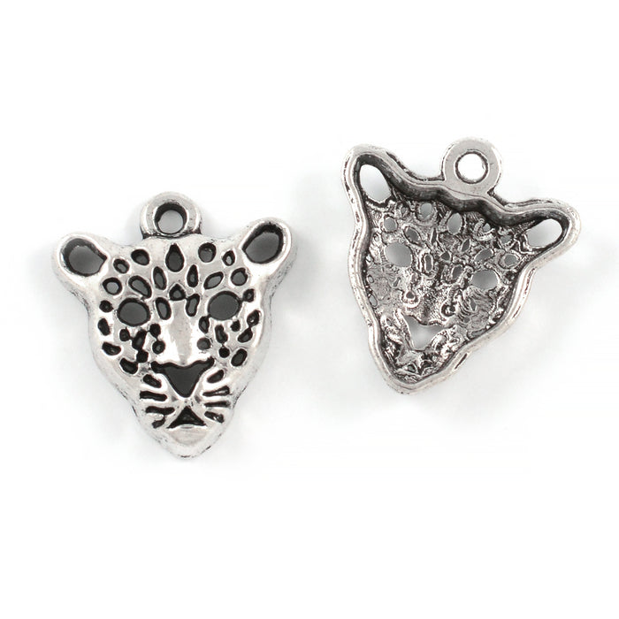 Berlock, leopardhuvud, antiksilver, 18mm, 3st