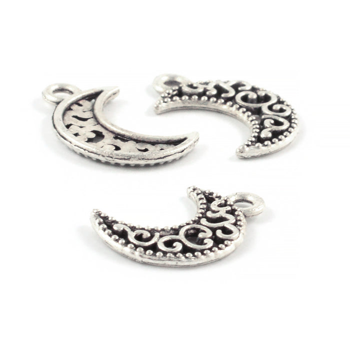 Berlock, måne med ornament, antiksilver, 12x15mm, 10st