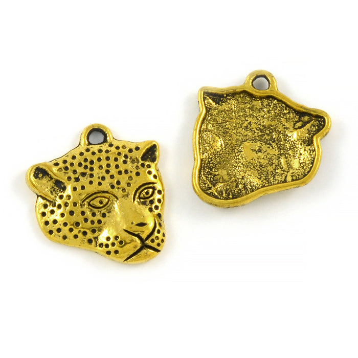 Berlock, leopardhuvud, antikguld, 20x18mm, 4st