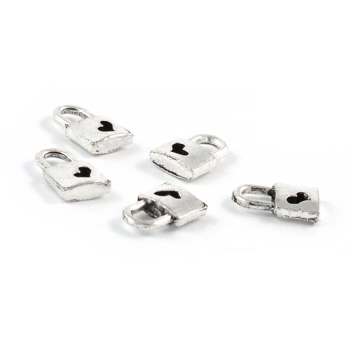 Berlock, lås med hjärta, antiksilver, 7x10mm, 10st