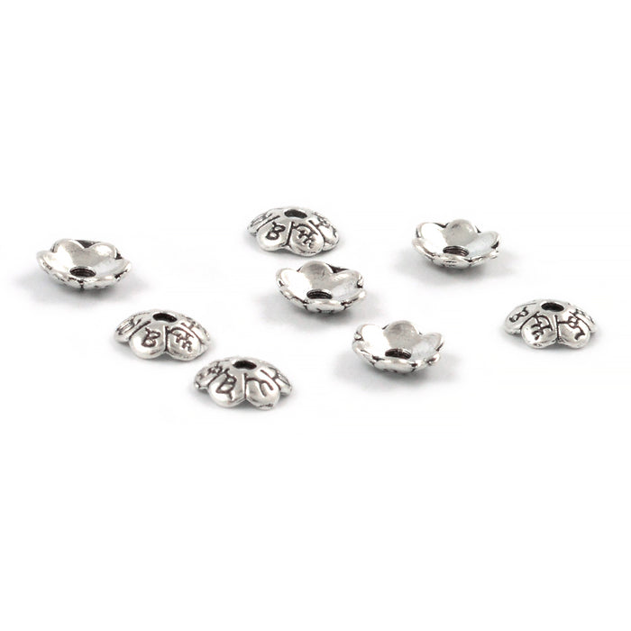 Pärlhattar, blomma med symboler, antiksilver, 6mm, 30st