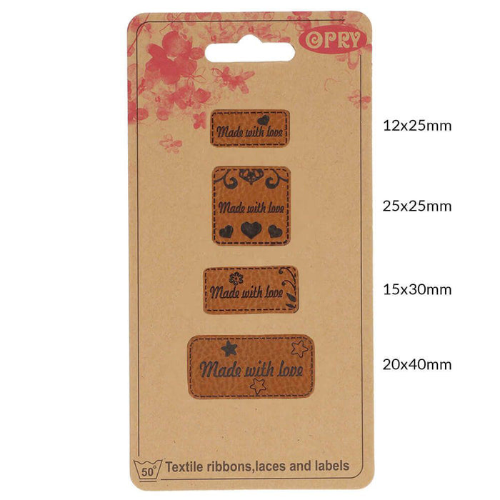 Opry konstläder etiketter "Made with love", 4-pack