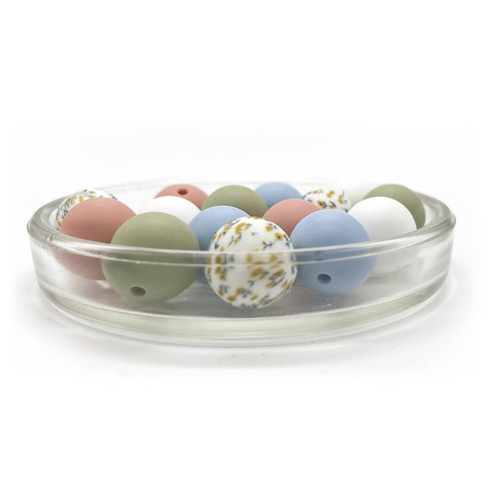 Set med silikonpärlor, "floral print", 15mm, 15-pack