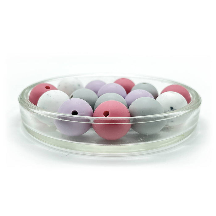 Set med silikonpärlor, "mauve/lavendel/granit", 15mm, 15-pack