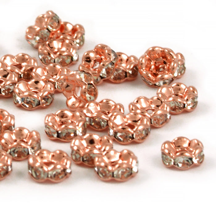 Eleganta rondeller med strass, roséguld-vit, 6mm, 20st