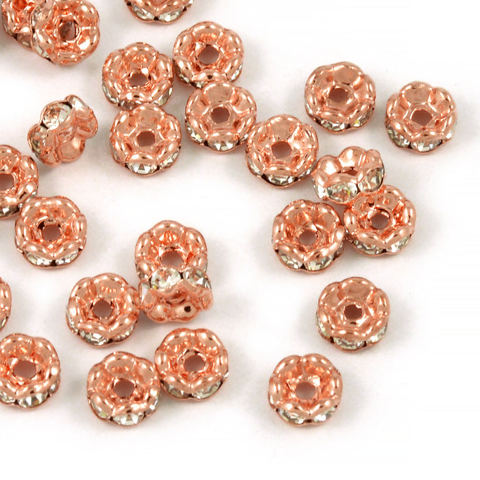 Eleganta rondeller med strass, roséguld-vit, 6mm, 20st
