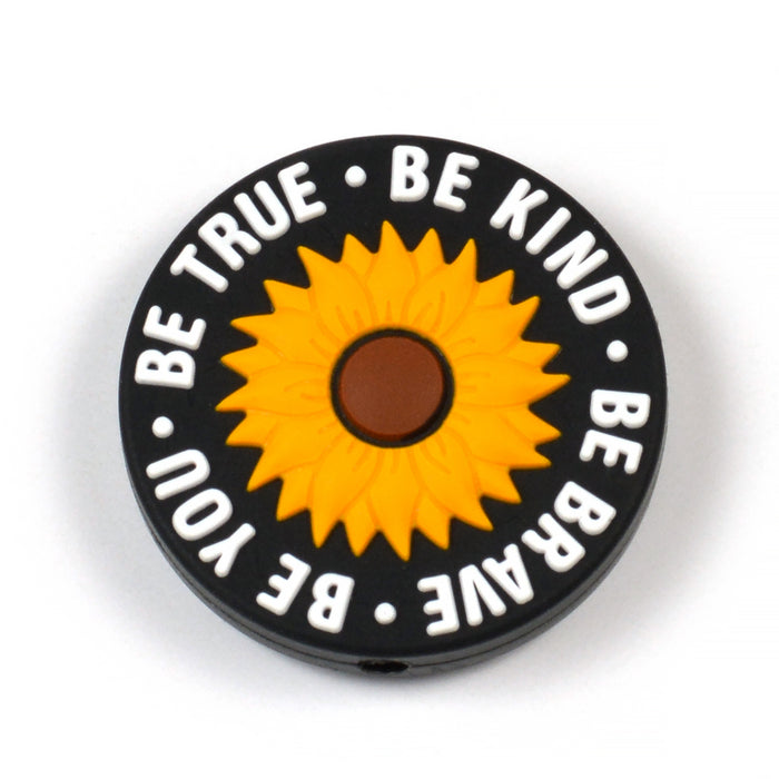 Motivpärla i silikon, rund med solros "Be true..."