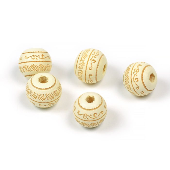Träpärlor med graverat mönster, 10x9mm, ivory, 20st