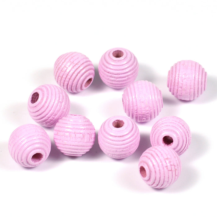 Räfflade träpärlor, 10mm, ljusrosa, 35st