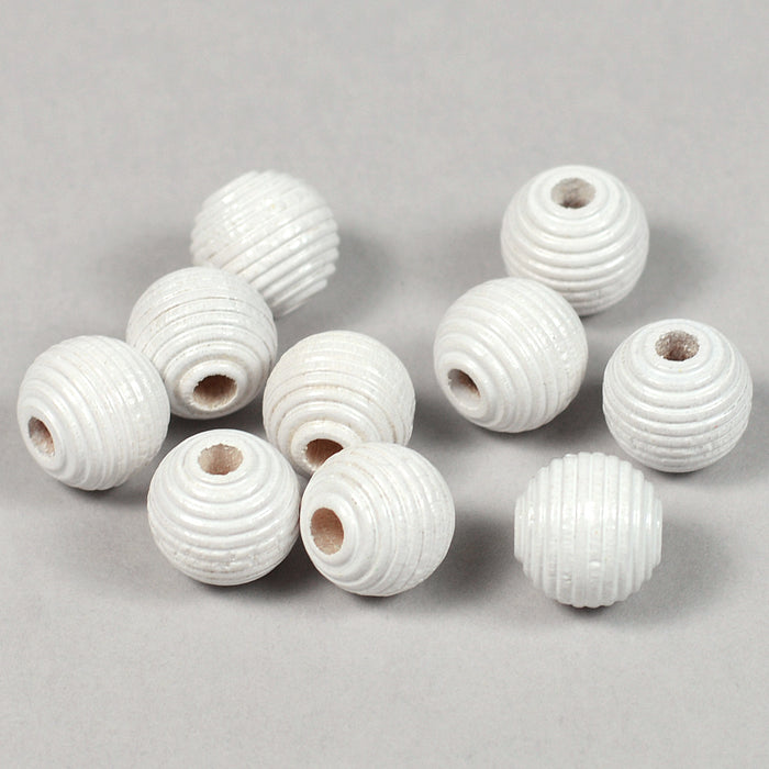 Räfflade träpärlor, 10mm, vit, 35st