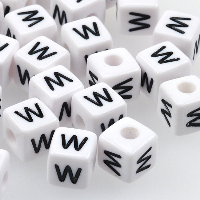 Vita bokstavspärlor, kub, 10mm, A–Z
