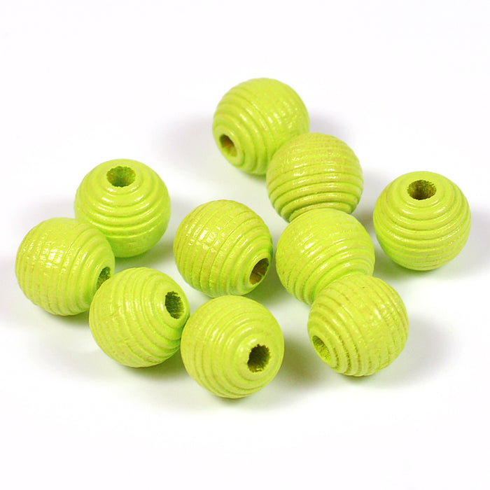 Räfflade träpärlor, 10mm, lime, 35st