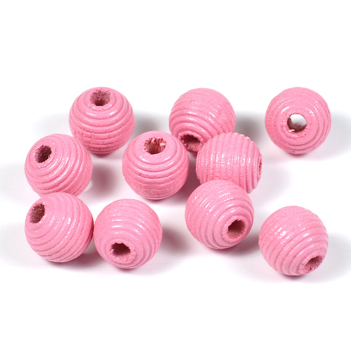 Räfflade träpärlor, 10mm, rosa, 35st