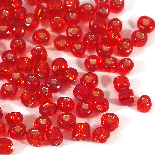 Seed Beads, 4mm, silverlined röd, 30g