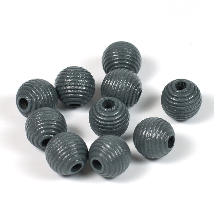 Räfflade träpärlor, 10mm, mörkgrå, 35st