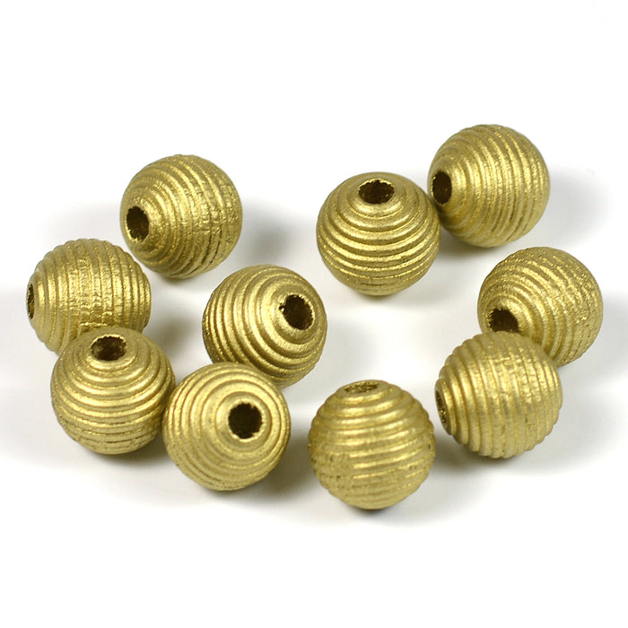 Räfflade träpärlor, 10mm, guld, 35st