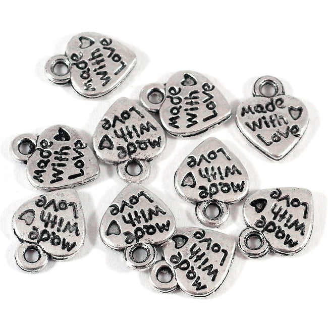 Berlock, hjärta "Made with love", antiksilver, 10x12mm, 10st