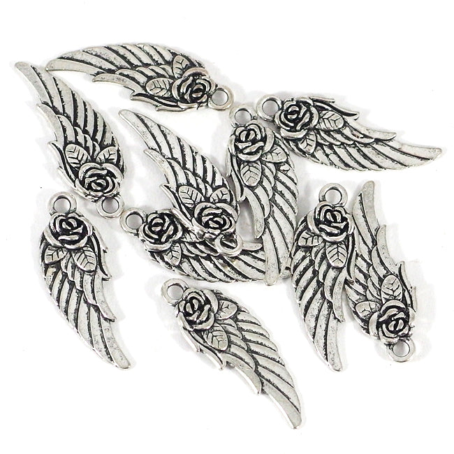 Berlock, vinge med ros, antiksilver, 11x30mm, 10st