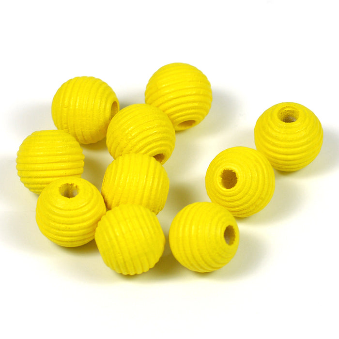 Räfflade träpärlor, 10mm, solgul, 35st