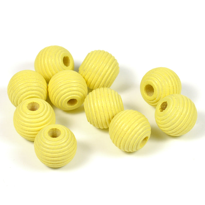Räfflade träpärlor, 10mm, pastellgul, 35st