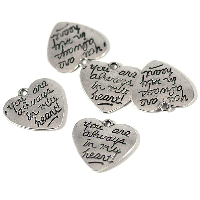 Berlock, hjärta "you are always in my heart", antiksilver, 21x20mm, 5st