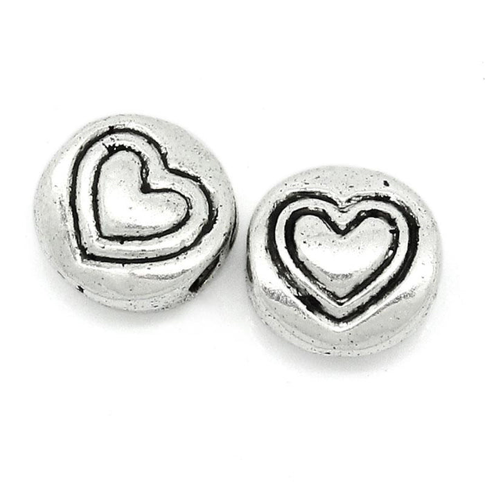 Runda metallpärlor med hjärta, antiksilver, 6mm, 50st