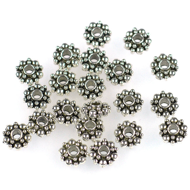 Mellandelar, dubbla daisy, antiksilver, 6mm, 50st