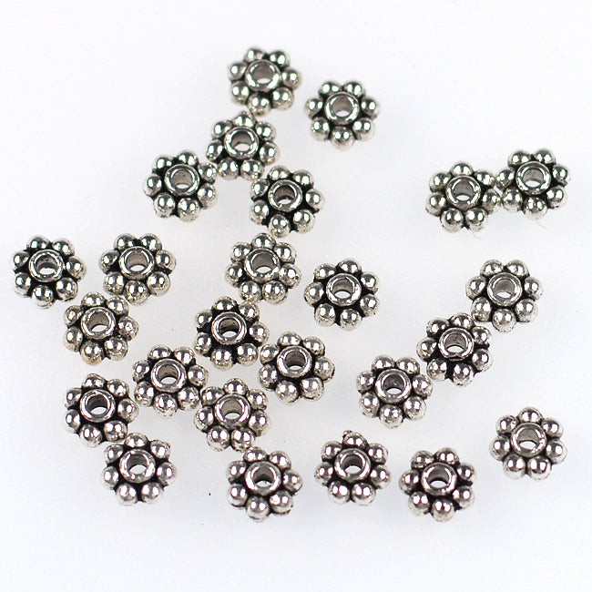 Mellandelar, daisy, antiksilver, 5mm, 100st