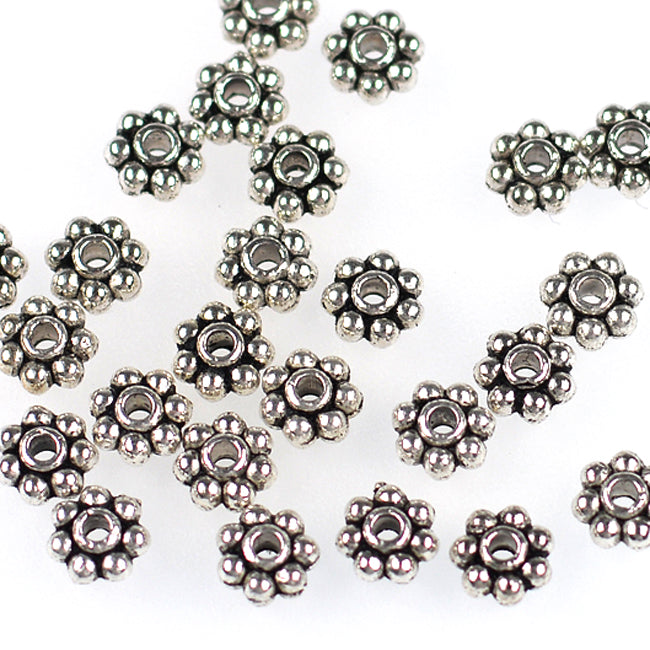 Mellandelar, daisy, antiksilver, 6mm, 100st