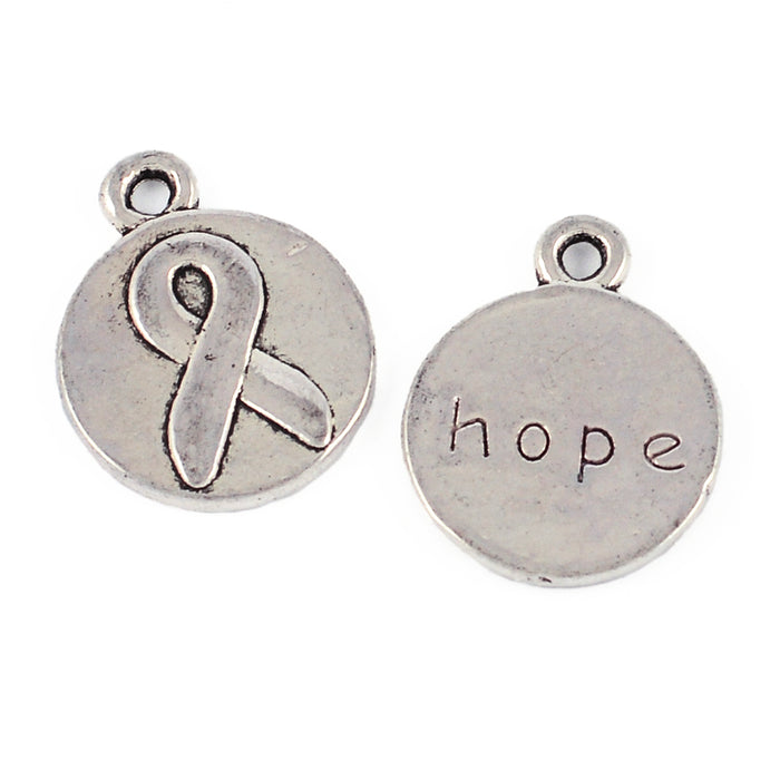 Rund berlock med awarenessymbol och "hope", antiksilver, 16mm, 5st