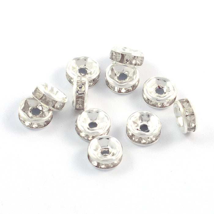 Rondeller med strass, silver-vit, 6mm, 50st
