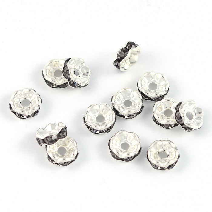 Eleganta rondeller med strass, silver-grå, 6mm, 20st