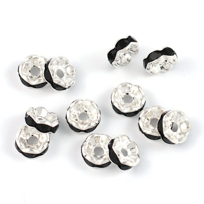 Eleganta rondeller med strass, silver-svart, 6mm, 20st