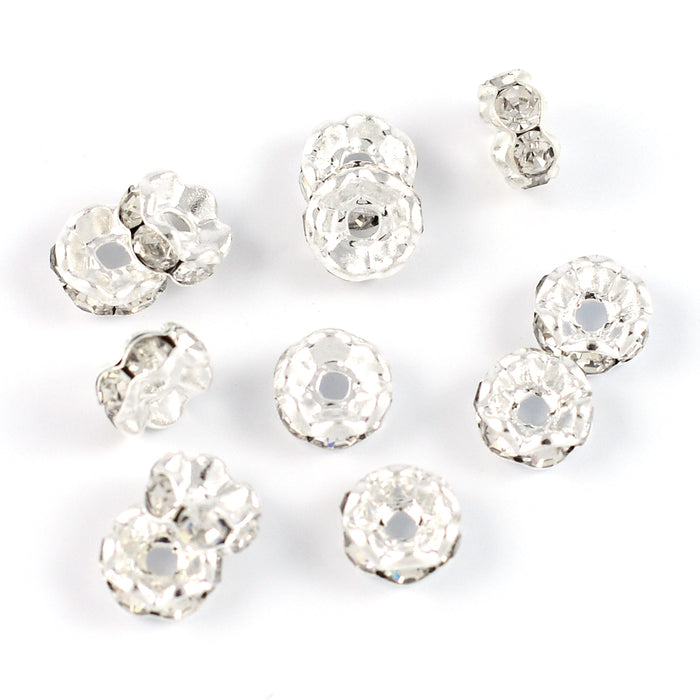 Eleganta rondeller med strass, silver-vit, 6mm, 20st