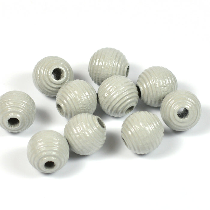 Räfflade träpärlor, 10mm, ljusgrå, 35st