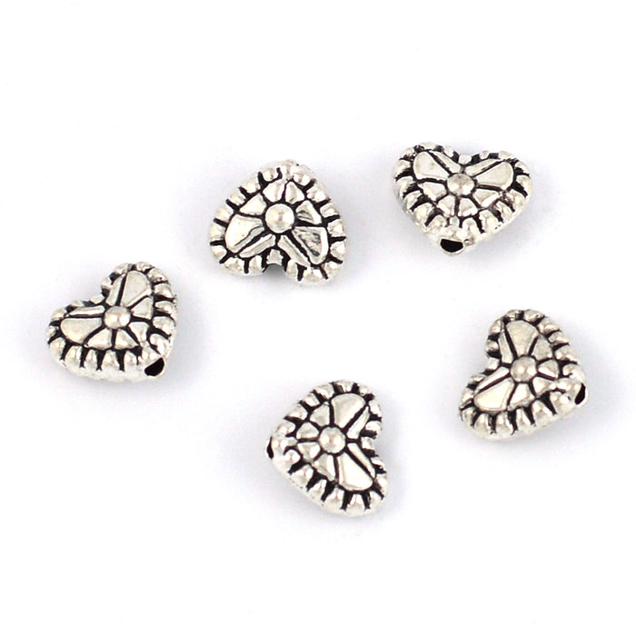 Metallpärlor, mönstrade hjärtan, antiksilver, 8x7mm, 15st