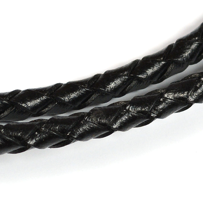 Flätat snöre i äkta läder, svart, 4mm