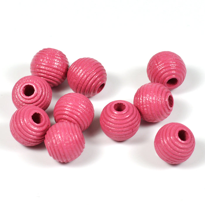 Räfflade träpärlor, 10mm, mörkrosa, 35st
