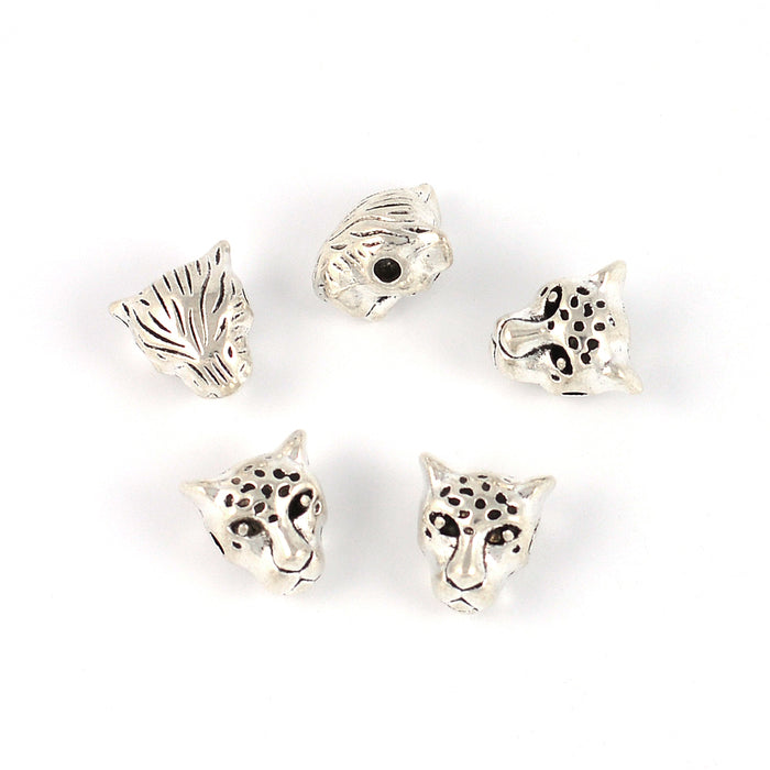 Metallpärlor, leopardhuvud, antiksilver, 9x10mm, 5st