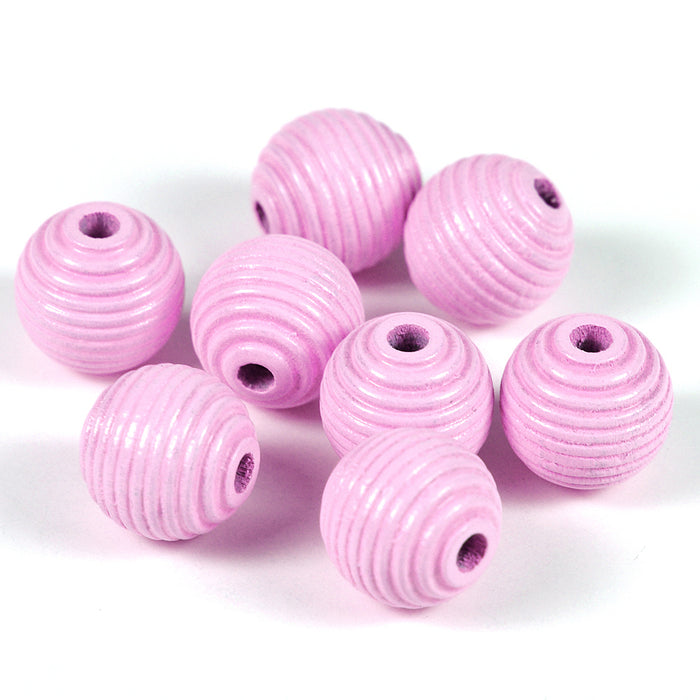 Räfflade träpärlor, 14mm, ljusrosa, 16st