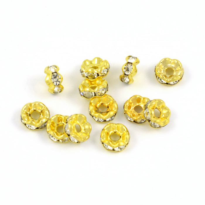 Eleganta rondeller med strass, guld-vit, 6mm, 20st