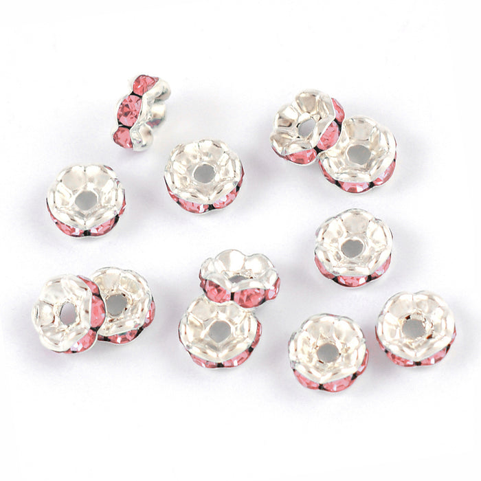 Eleganta rondeller med strass, silver-ljusrosa, 6mm, 20st