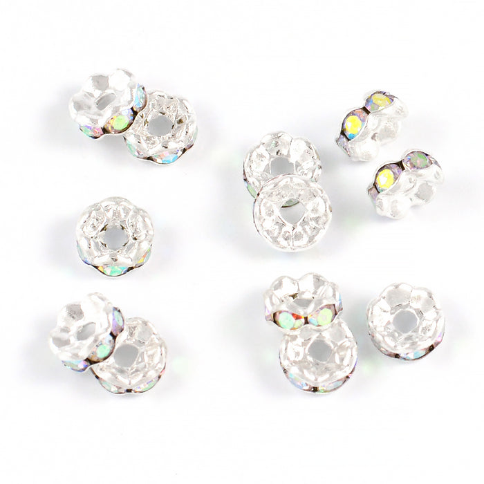 Eleganta rondeller med strass, silver-AB, 6mm, 20st