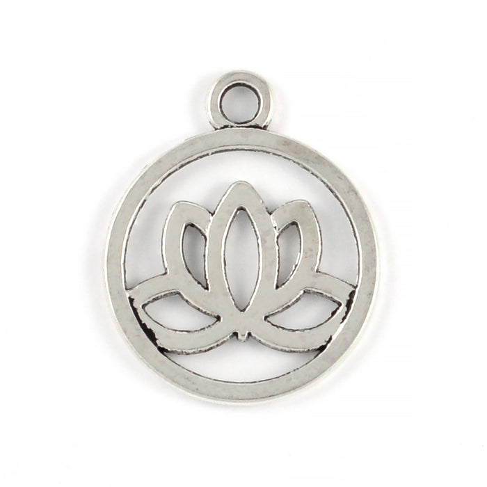 Rund berlock, lotus, antiksilver, 20mm, 5st